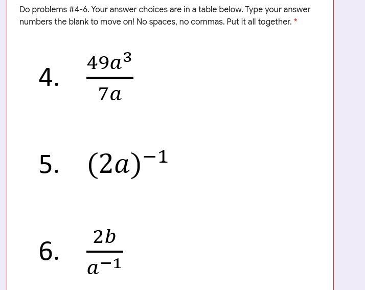 Do problems #4-6. Your answer choices are in a table below. Type your answer numbers-example-1