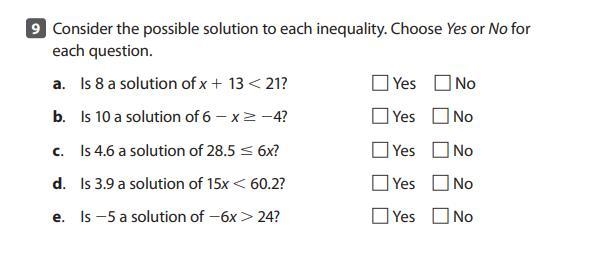 Consider the possible solution to each inequality. Choose Yes or No for each question-example-1