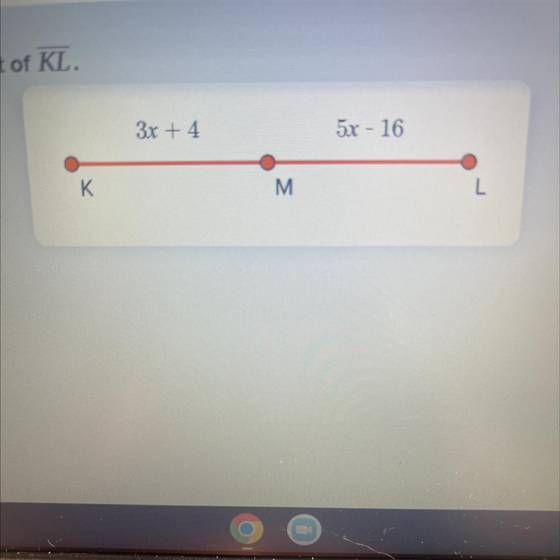 PLEASE HELP!!! 20 points!!! In the diagram below, M is the midpoint of KL. Solve for-example-1