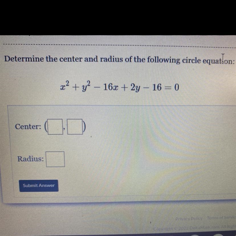 The term in the center in radius of the following circle equation-example-1