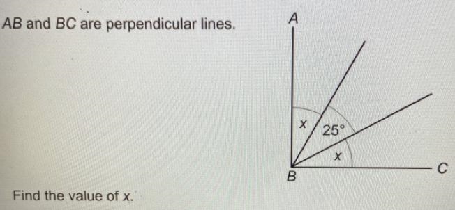 AB and BC are perpendicular lines. Find the value of x.-example-1