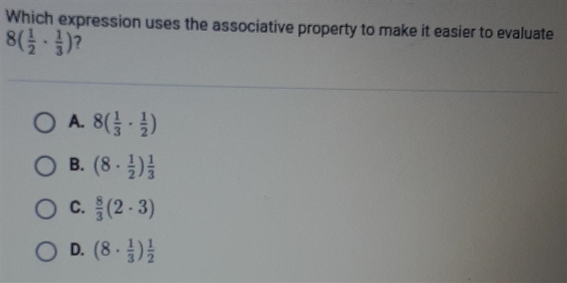 Which expression uses the associative property to make it easier to evaluate 8(3)? O-example-1