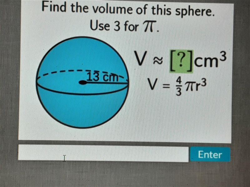 Hi, please help me find the volume of this sphere :)-example-1