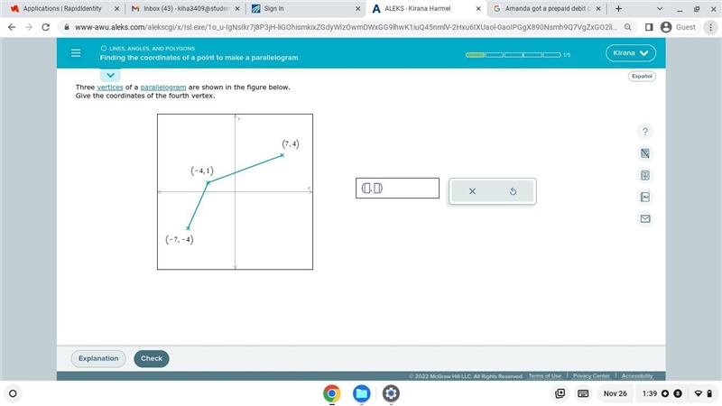 Three vertices of a parallelogram are shown in the figure below. Give the coordinates-example-1