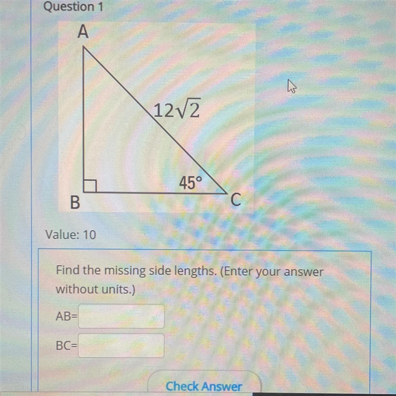 Find the missing side lengths. AB= BC=-example-1