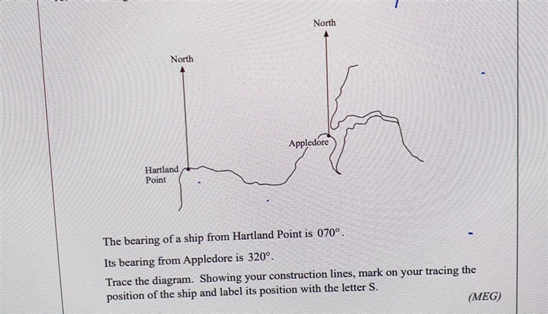 The bearing of a ship from Hartland Point is 070°. Its bearing from Appledore is 320º. where-example-1