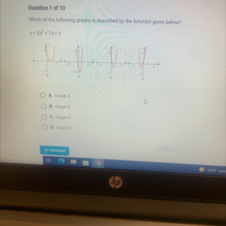 Y=3x² + 7x+2-25OA. Graph AB. Graph BOC. Graph CD. Graph D-2525A-5 +-example-1