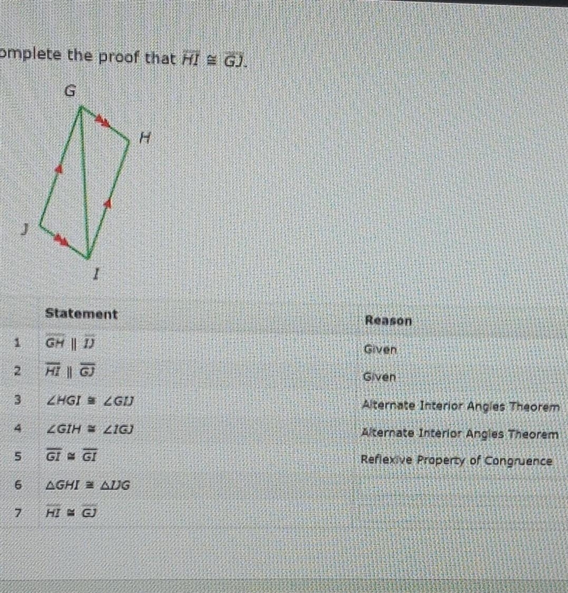 Complete the proof thaf HI = GJ What completes reason #6 of the proof ASA SAS SSS-example-1