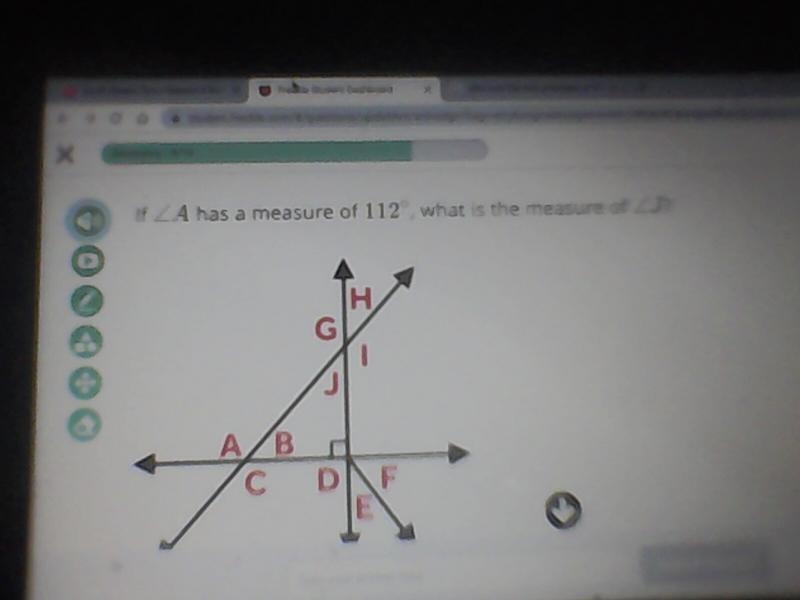 If angle a has a measure of 112 degrees what is the measure of angle j-example-1