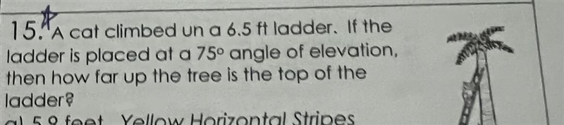 I need help please! There are only 3 answer choices. A cat climbed up a 6.5 ft ladder-example-1