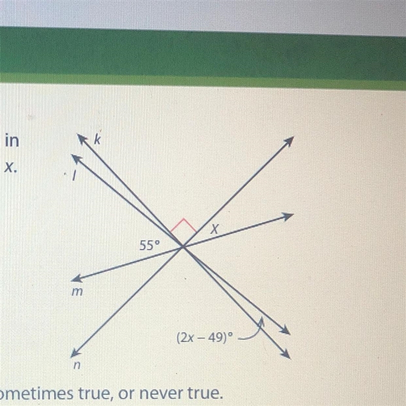 Four straight lines k, l, m, and n intersect as shown in the diagram. Lines k and-example-1