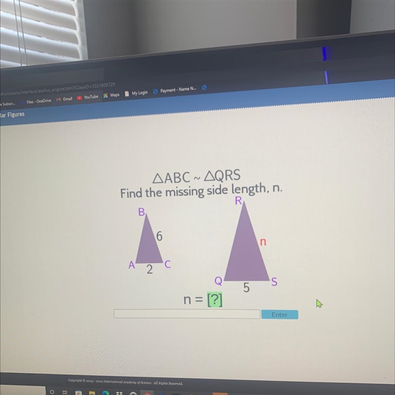 AABC ~ AQRS Find the missing side length, n. R B 6 n U 2 c 5 s n = [?] Enter-example-1