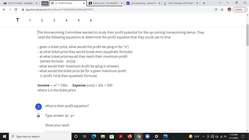 What is their profit equation? Type it as p= (show your work)-example-1