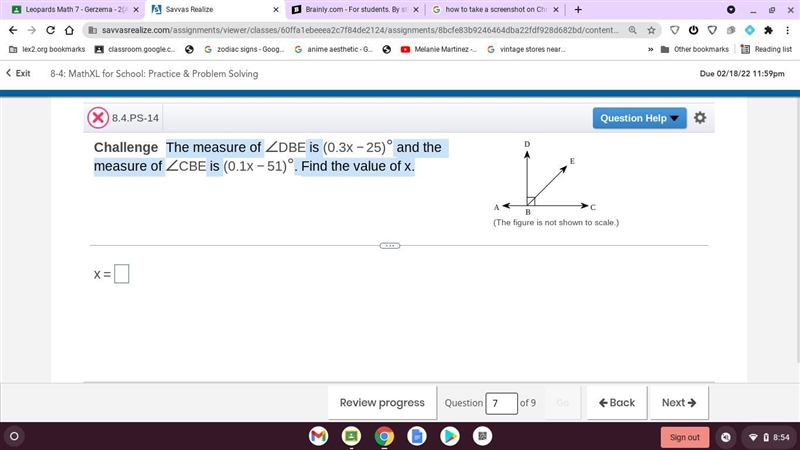 He measure of ∠DBE is (0.3x−22)° and the measure of ∠CBE is (0.1x - 51)-example-1