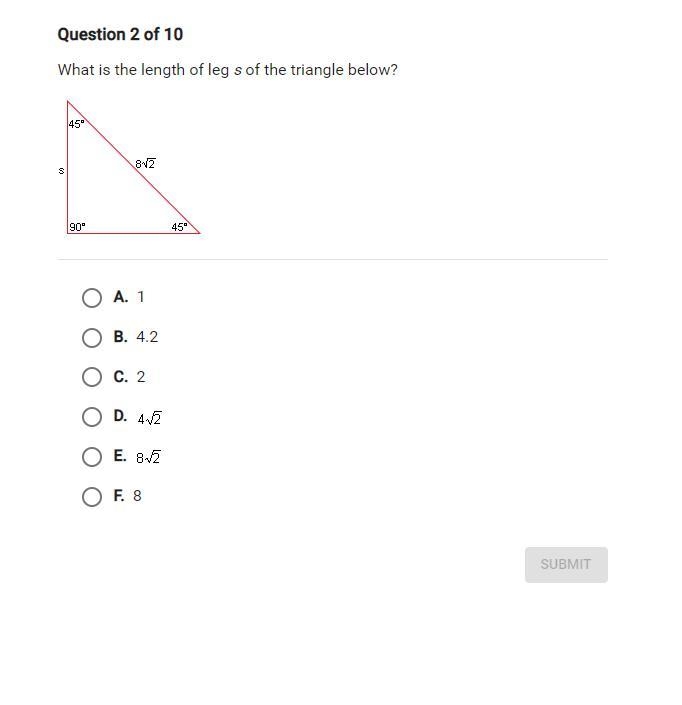 What is the length of leg s of the triangle below?-example-1