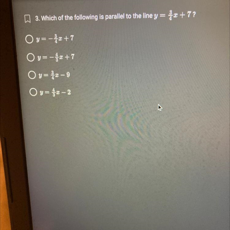 3. Which of the following is parallel to the line y = 3/4x +7?-example-1