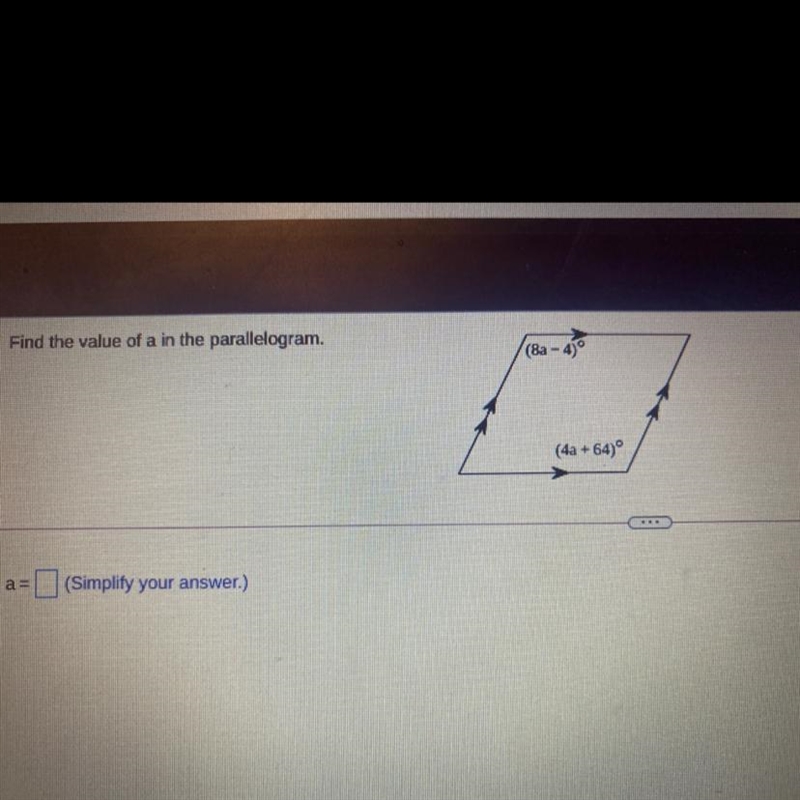 Find the value of a in the parallelogram.-example-1