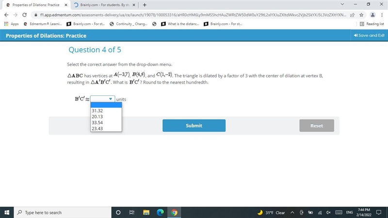 Select the correct answer from the drop-down menu. has vertices at , , and . The triangle-example-1