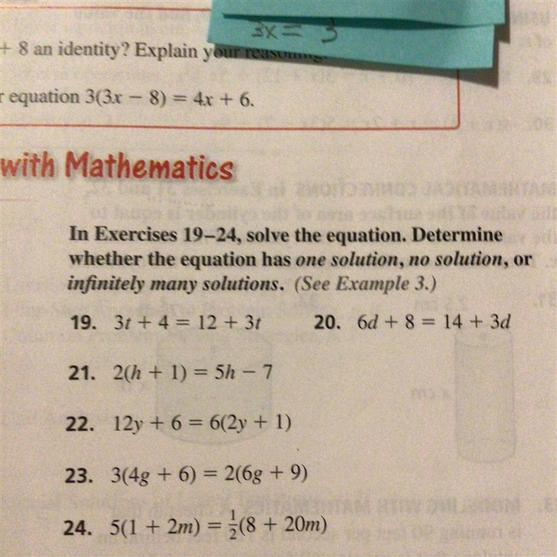 In Exercises 19-24, solve the equation. Determine whether the equation has one solution-example-1