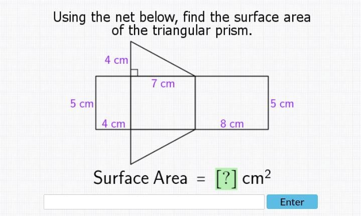 Using the net below, find the surface area of the triangular prism. 4cm 4cm 7cm 5cm-example-1