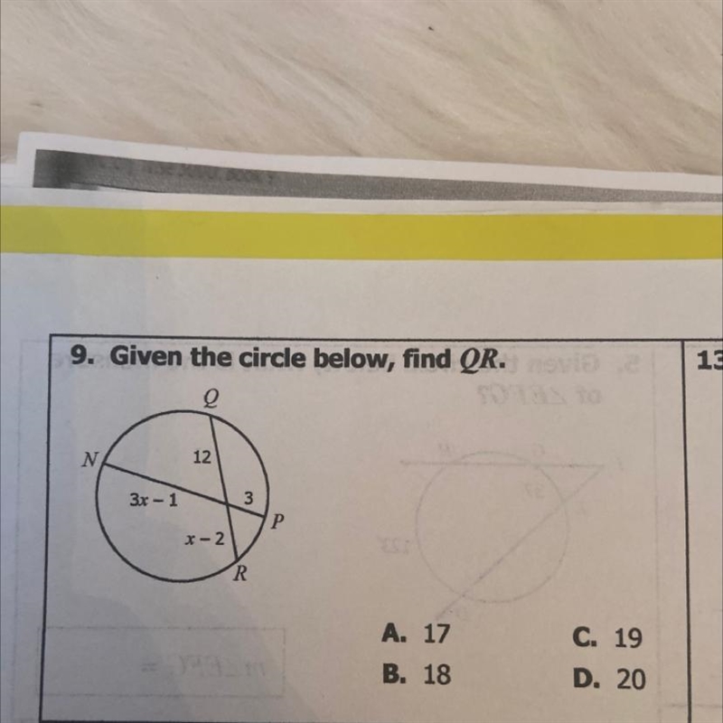 9. Given the circle below, find OR.-example-1