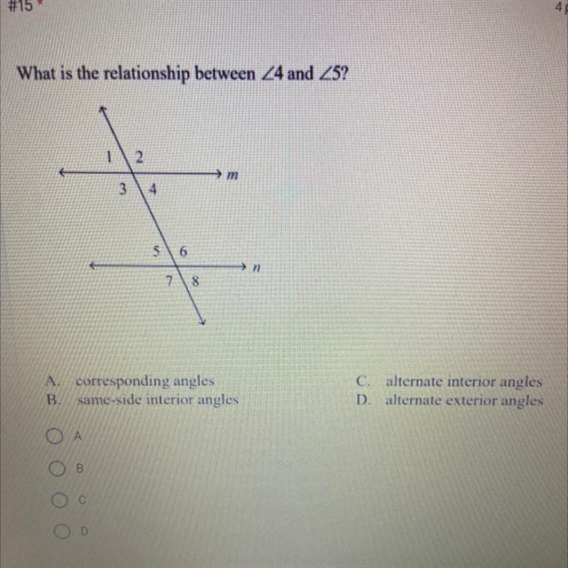 What is the relationship between Z4 and 25? 1 2 m 3 4 5 6 7 8 A corresponding angles-example-1