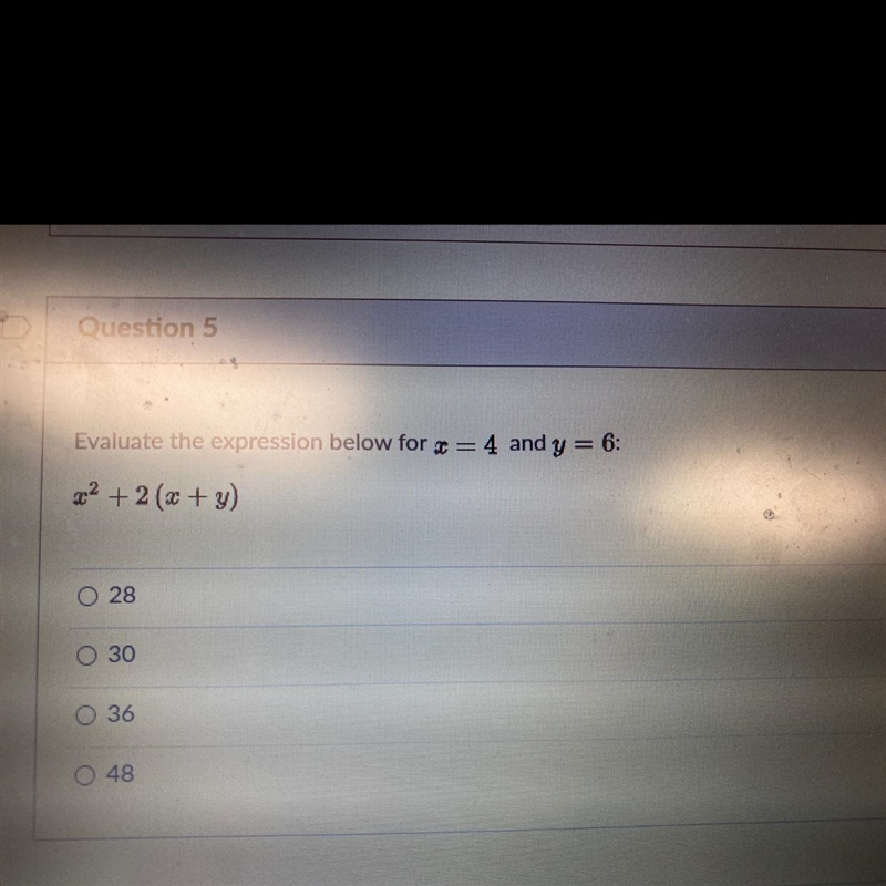 Evaluate the expression below for x = 4 and y = 6: x2+ 2 (x+ y)-example-1