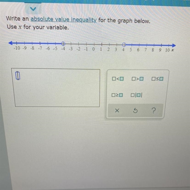 Write an absolute value an equality for the graph below. Use x for your variable.-example-1