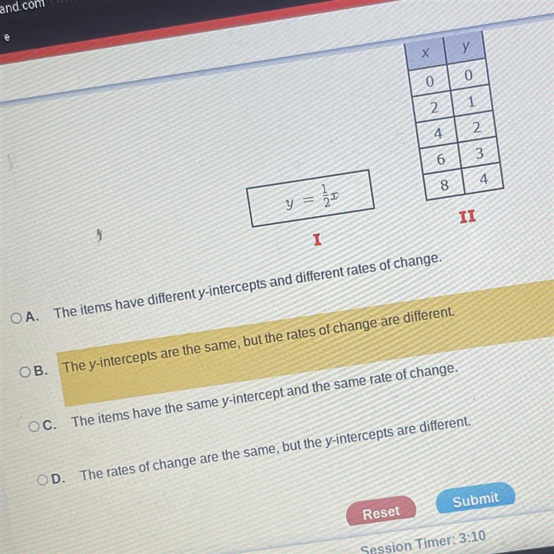 Compare the white intercepts and the rate of change of the following items-example-1