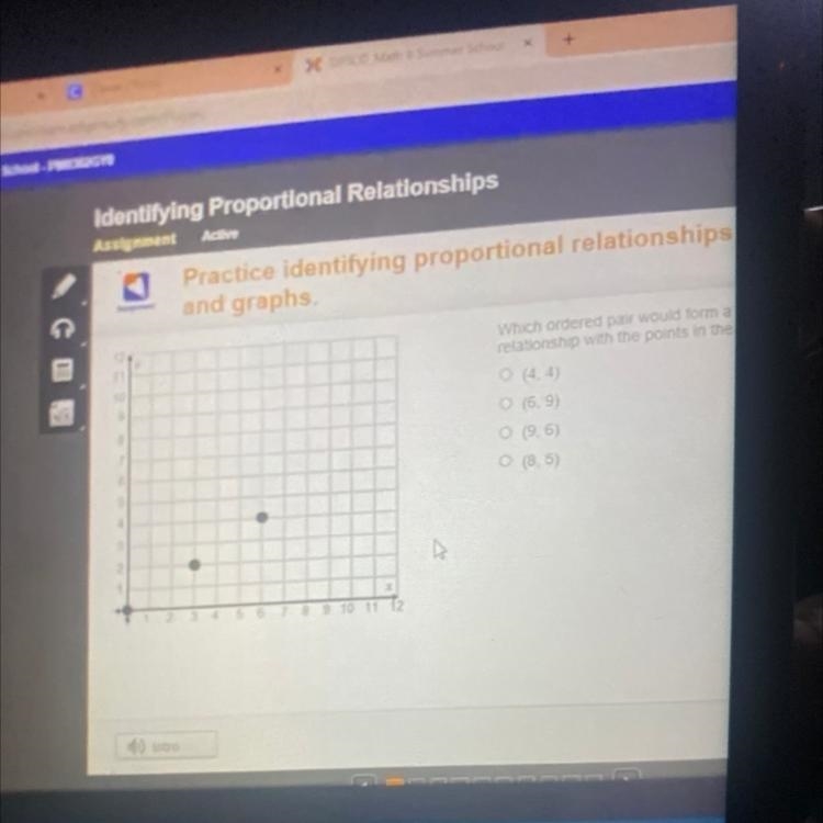 Which ordered pair would form a proportional retationship with the points in the graph-example-1