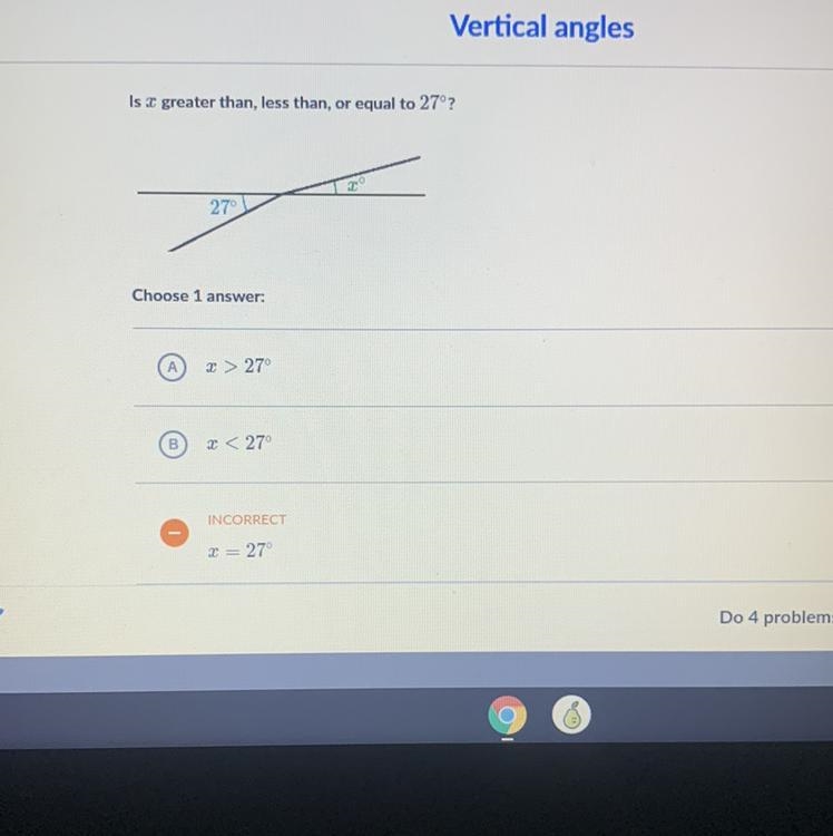 Is x greater than, less than, or equal to 27°?-example-1