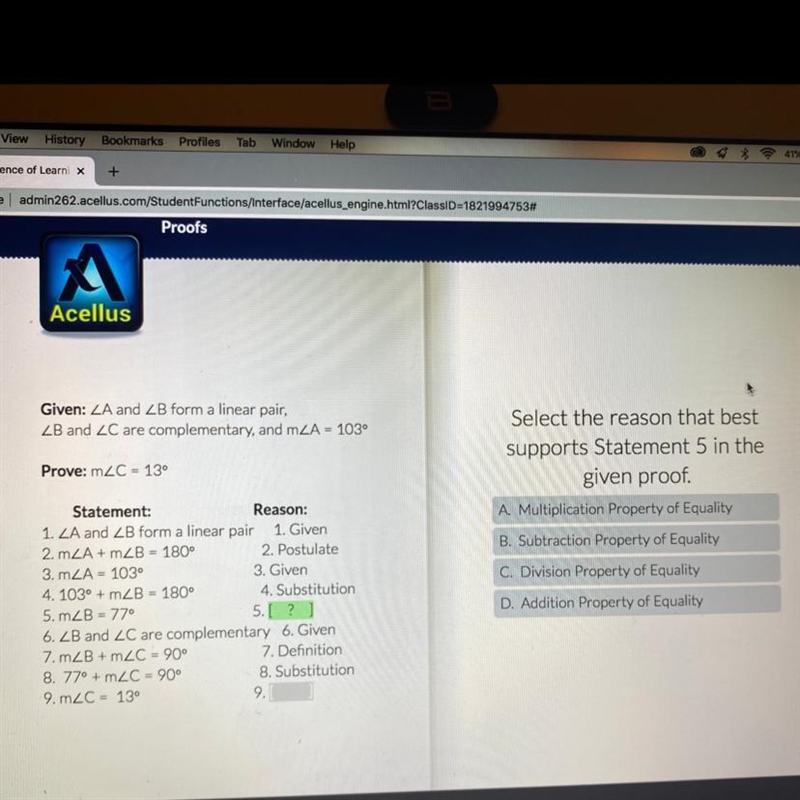 Select the reason that best supports Statement 5 in the given proof.-example-1