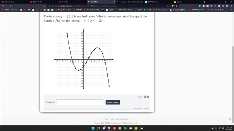 The function y=f(x) is graphed below. What is the average rate of change of the function-example-1