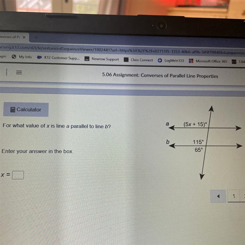 Calculator For what value of x is line a parallel to line b? Enter your answer in-example-1