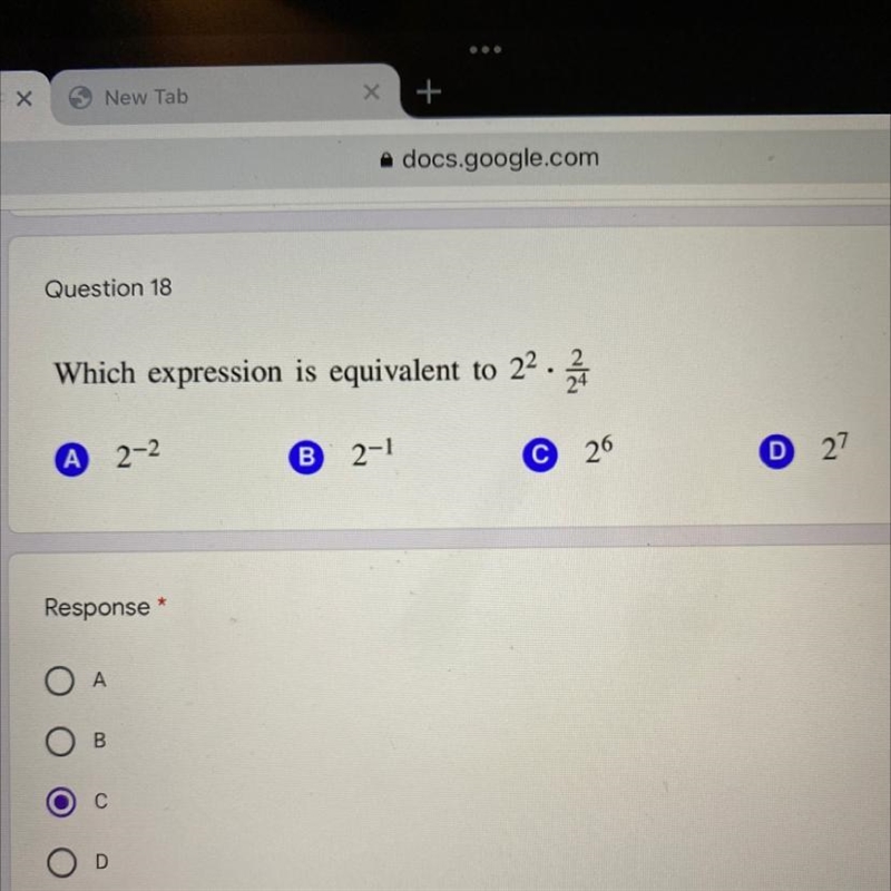 Please help me which expresión is equivalent 2^2 times 2/2^4 pls don’t tell me to-example-1