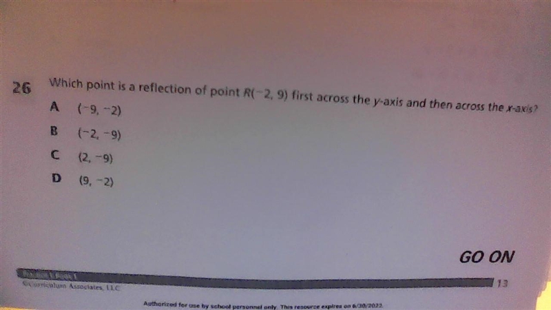 Which point is a reflection of point R (-2,9) first across the y-axis and then across-example-1