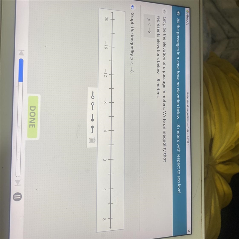 Graph the inequality p < - 8. Also ignore my dirty iPad-example-1