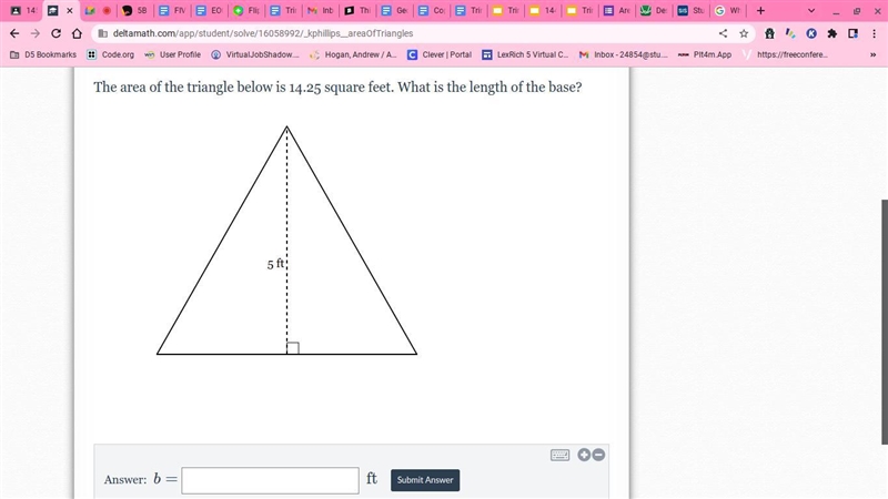 The area of the triangle below is 14.25 square feet. What is the length of the base-example-1