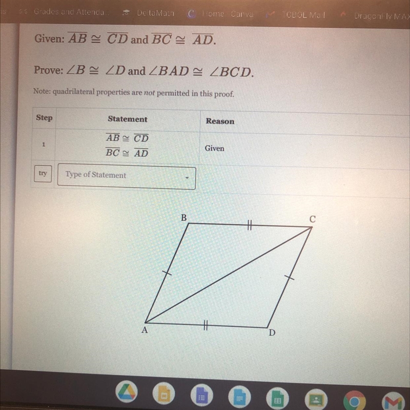 Given: ABCD and BC = AD. Prove: I need every sing statement and reason!-example-1