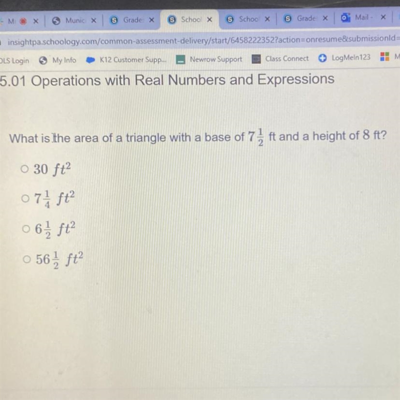 What is the area of a triangle with a base of 7 1/2 feet and a height of 8 feet￼￼-example-1