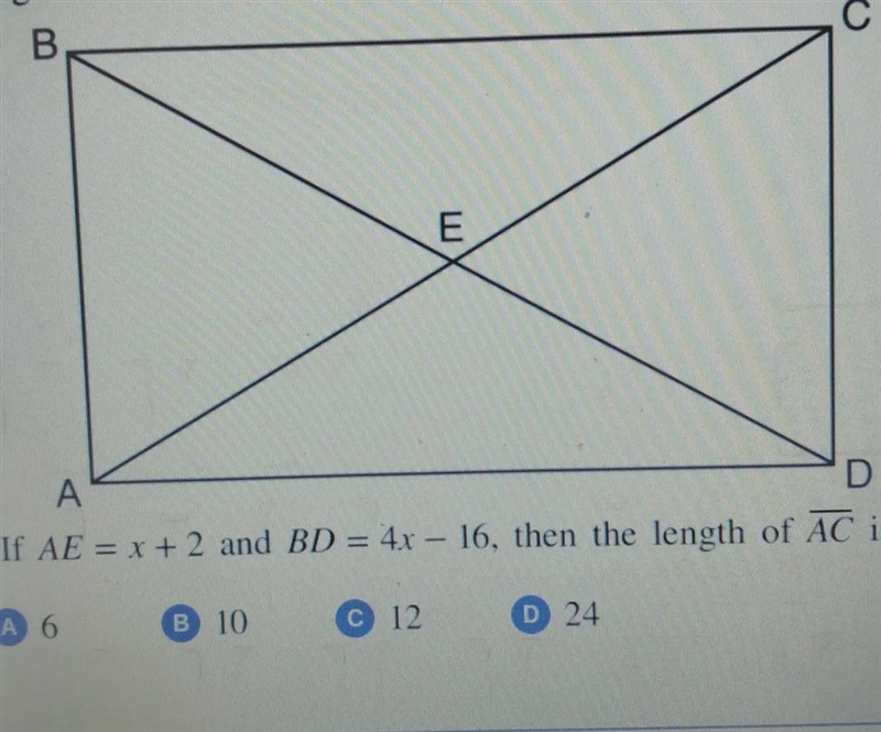 8 As shown in the diagram of rectangle ABCD below, diagonals AC and BD intersect at-example-1