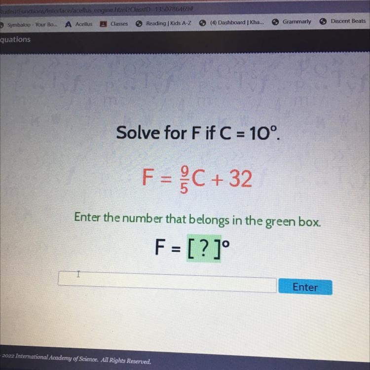 Solve for F if C = 10°. F = C + 32-example-1