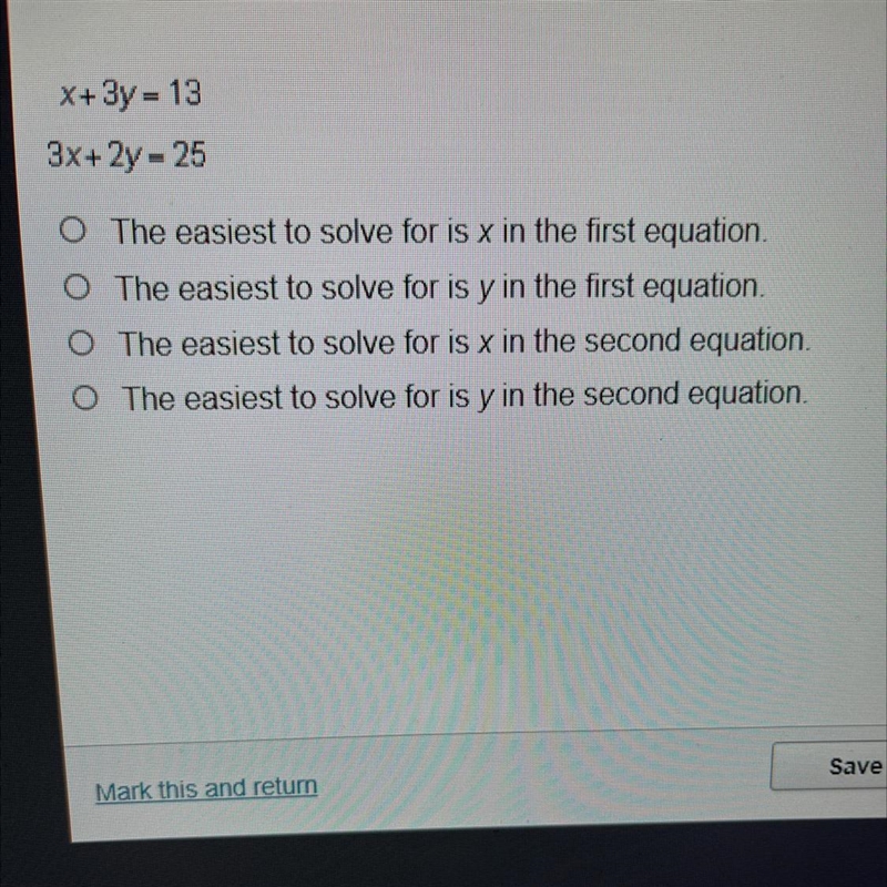 In this system of equations, which variable would be easier to solve for?-example-1