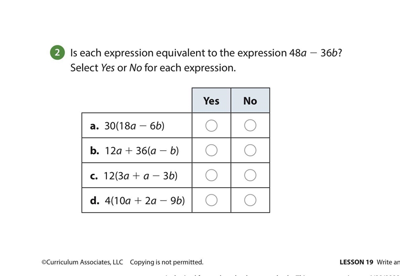 Is each expression equivalent to the expression 48a 2 36b? Select Yes or No for each-example-1