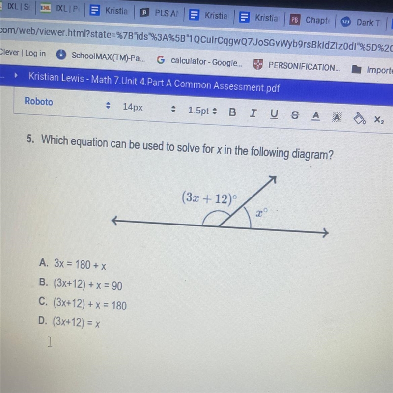 5. Which equation can be used to solve for x in the following diagram? (3x+12)° २० A-example-1