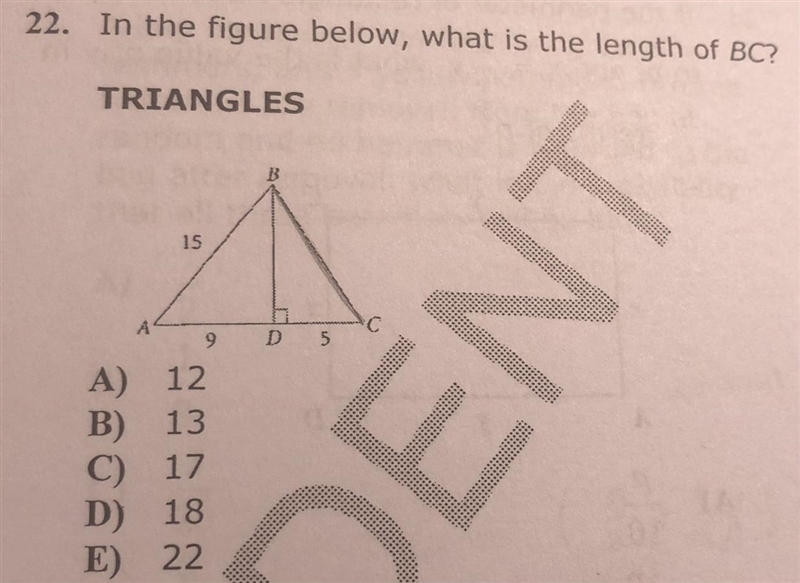 In the figure below, what is the length of BC? A) 12 B) 13 C) 17 D) 18 E) 22-example-1