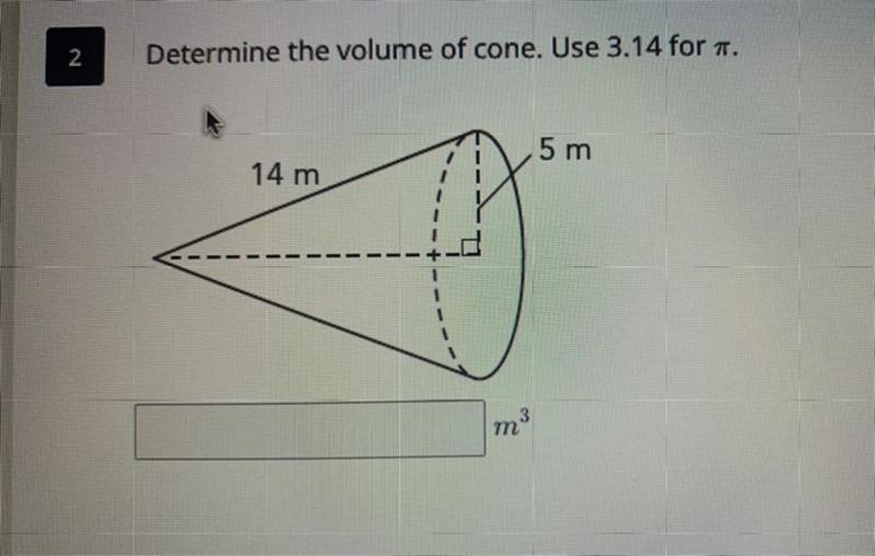 Determine the volume of cone. Use 3.14 for 7. 5 m 14 m r m3-example-1