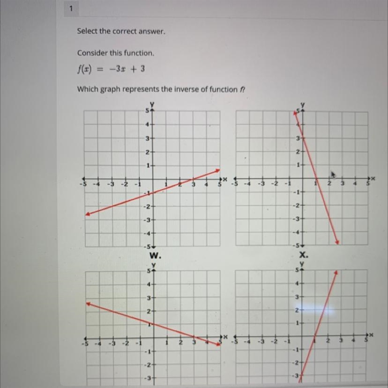 Consider this function. ƒ(=) =-3x + 3 Which graph represents the inverse of function-example-1