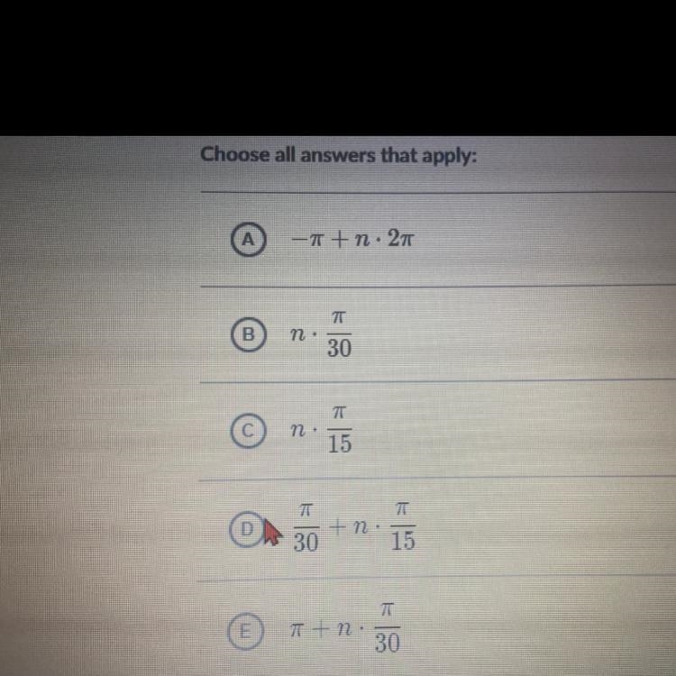 Select one or more expressions that together represent all solutions to the equation-example-1