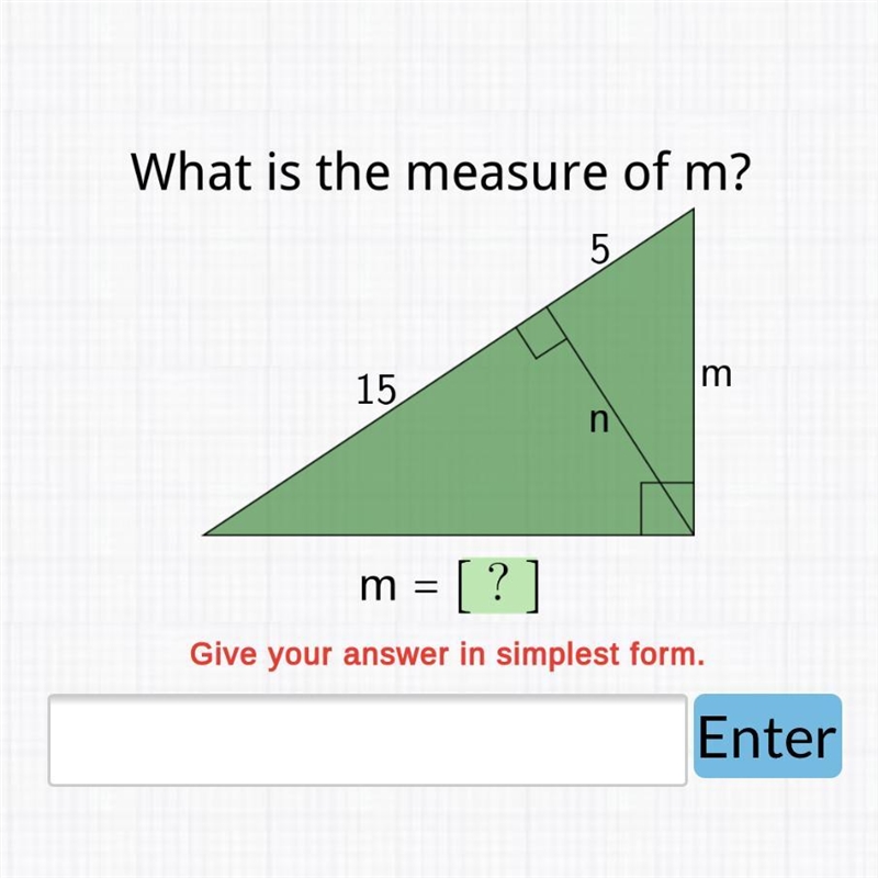 Please help ‼️‼️ What is the measure of m? m = [?] Give your answer in simplest form-example-1